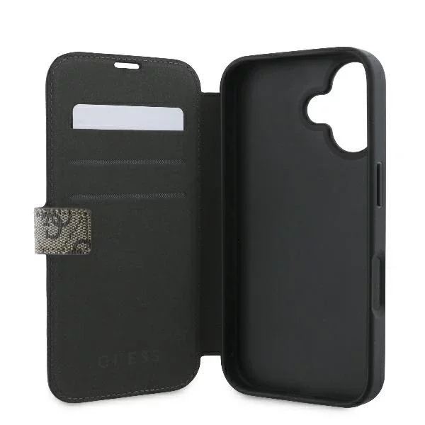 Guess 4G Metall-Logo-Schutzhülle für iPhone 16 (6,1 Zoll) – Braun, mit Standfunktion