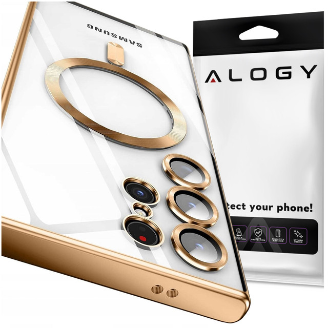 Hülle für Samsung Galaxy S24 Ultra Mag Safe Glamour Case Ringgehäuse Kameraschutz Alogy Gold Klarglas