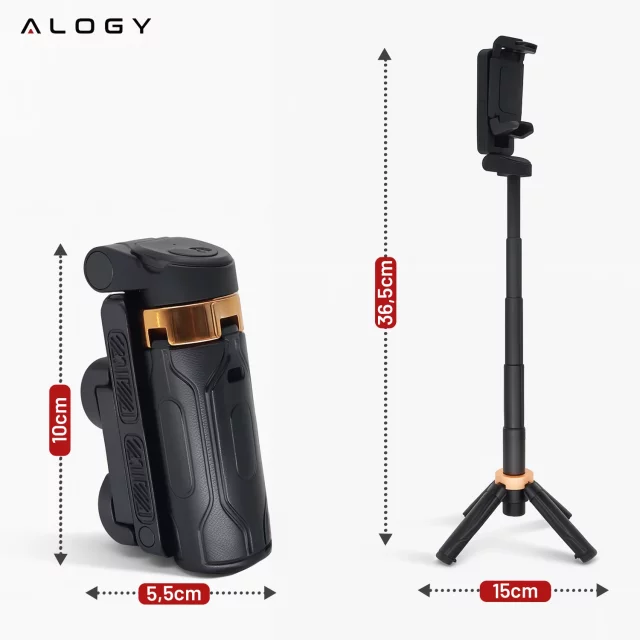Selfie Stick Mini Tripod stabilny kompaktowy lekki Kijek do Selfie i Statyw Rozkładany 360° z Pilotem Bluetooth 10m, Stojak do Zdjęć i Nagrywania, Alogy FlexiShot™ Czarny