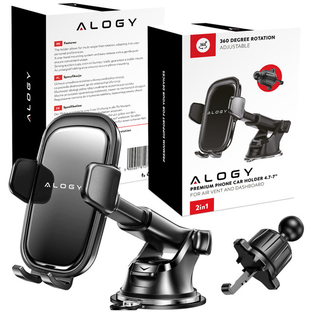 Car phone holder, window, grille, cockpit, dashboard, car, car, for 7" phone Alogy 3in1 Black