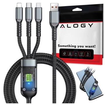 120cm Alogy 3in1 Fast Charging Charging Cable 100W USB to USB-C Micro Lightning Black