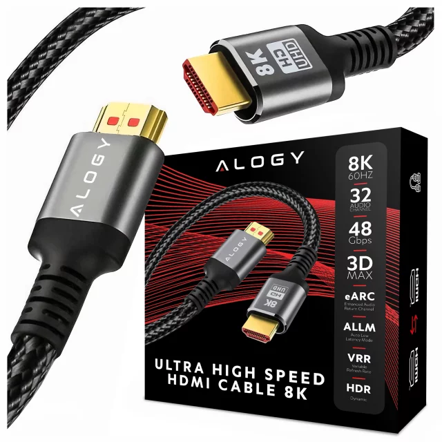 Kabel HDMI 2.1 10 m, 4K/8K Alogy Ultra High Speed™ 48 Gbps 60Hz, Premium z Pozłacanymi Końcówkami, Nylonowy Oplot, Miedziany – Czarny