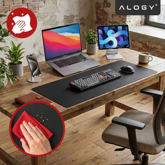 Podkładka na biurko 80×40 cm – antypoślizgowa mata ochronna z eleganckiej ekoskóry PU, pod mysz i klawiaturę, stylowa i trwała – Alogy WorkMat™ Czarna