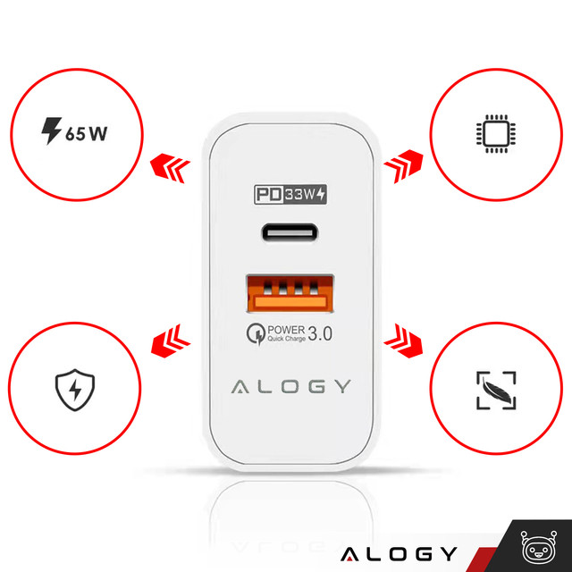 Rychlé USB-A QC 3.0 Quick Charge USB-C PD 33W 65W nástěnná nabíječka Alogy White