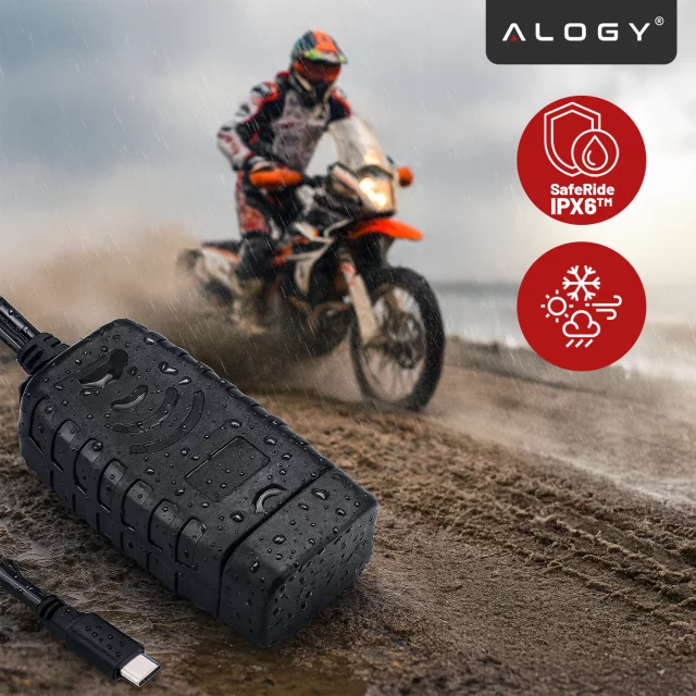 Alogy MotoCharge Pro™ Motorradladegerät mit Display, 36 W PD QC 3.0 Schnellladung, USB-A- und USB-C-Anschlüsse, wasserdicht und robust, Schwarz