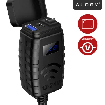 Ładowarka Motocyklowa z Wyświetlaczem, Szybkie Ładowanie 36W PD + QC 3.0, Porty USB-A i USB-C, Wodoodporna i Solidna, Alogy MotoCharge Pro™ – Czarna