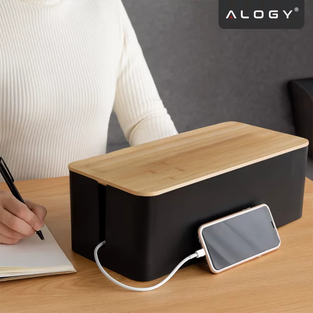 Organizér box na kabely lišty box M stůl podlaha Alogy BOX dřevo Černý