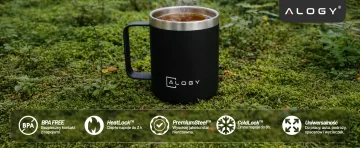 Thermobecher 420 ml mit Henkel und Deckel für Kaffee, Tee, Stahl, Kalt- und Heißgetränke, Alogy Black