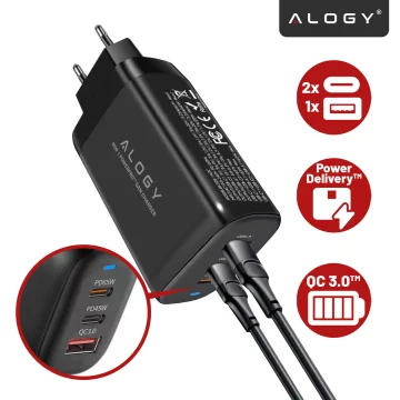Alogy GaNCharge Kompaktes 3-in-1-Wandladegerät, schnelles Laden, GaN3, 65 W, USB-A, 30 W, 2 x USB-C, 65 W, Schwarz
