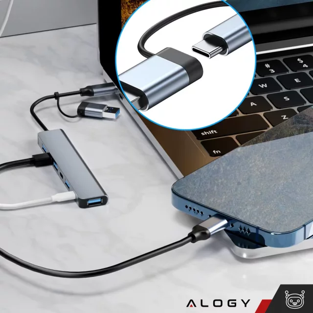 Alogy HUB Splitter Adapter for Laptop Computer USB-C to 3x USB-A 2.0 1x USB-A 3.0 Gray