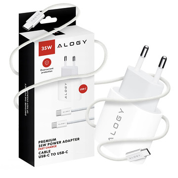 Fast Powerful 35W USB-C Wall Charger USB Type C PD GaN for iPhone 15 Type-C Cable 1m Alogy White