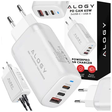 Alogy GaNCharge Kompaktes 3-in-1-Wandladegerät, schnelles Laden, GaN3, 65 W, USB-A, 30 W, 2 x USB-C, 65 W, Weiß