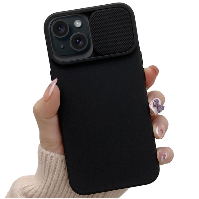 Case for iPhone 15 Plus Slide Case with Lens Protector Camera Housing Matte Black Alogy Soft Matt Glass