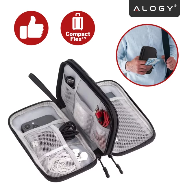 Etui Podróżne na Akcesoria, Organizer na Kable, Ładowarki, Telefon i Powerbank, Wielofunkcyjne i Kompaktowe 21 x 12,5 x 5 cm, Alogy TravelPack™ – Czarne