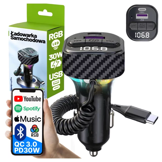 Transmiter FM Bluetooth 5.3 z Ładowarką Samochodową PD 30W QC3.0, Kabel Sprężynowy USB-C, Obsługa Pendrive, Podświetlenie LED 7 Barw – Alogy CarTune™ Czarny