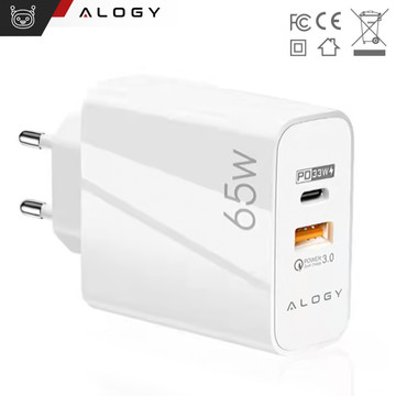 Rychlé USB-A QC 3.0 Quick Charge USB-C PD 33W 65W nástěnná nabíječka Alogy White
