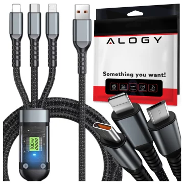 120cm Alogy 3in1 Fast Charging Charging Cable 100W USB to USB-C Micro Lightning Black
