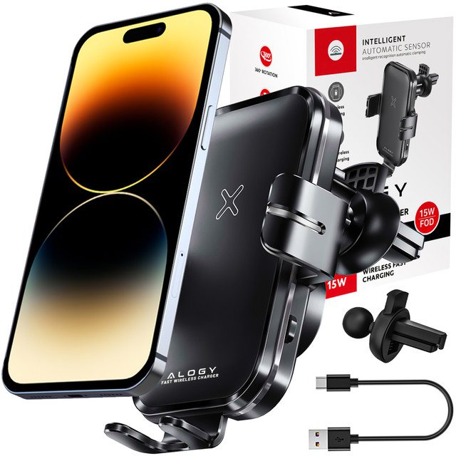 Alogy Fast Charging car holder with 15W inductive Qi charger automatic for the car on the grid fast charging black