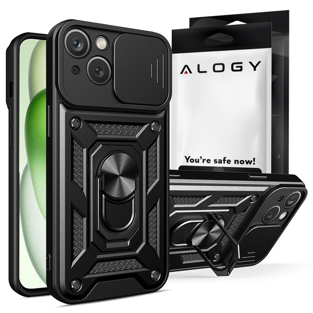 Armored case for iPhone 15 Plus Camshield Case Ring Alogy Stand with slide camera cover, black