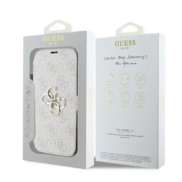Guess 4G Metal Logo Book Case iPhone 16 6,1″ – Pink z funkcją podstawki