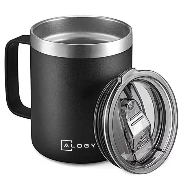 Thermobecher 420 ml mit Henkel und Deckel für Kaffee, Tee, Stahl, Kalt- und Heißgetränke, Alogy Black