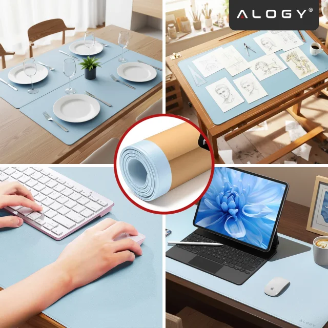 Podkładka na biurko 100×50 cm – antypoślizgowa mata ochronna z eleganckiej ekoskóry PU, pod mysz i klawiaturę, stylowa i trwała – Alogy WorkMat™ Niebieska