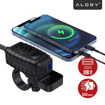 Alogy MotoCharge Pro™ Motorcycle Charger with Display, 36W PD QC 3.0 Fast Charging, USB-A and USB-C Ports, Waterproof and Rugged, Black