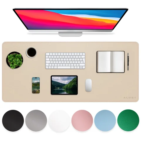 Podkładka na biurko 100×50 cm – antypoślizgowa mata ochronna z eleganckiej ekoskóry PU, pod mysz i klawiaturę, stylowa i trwała – Alogy WorkMat™ Beżowa