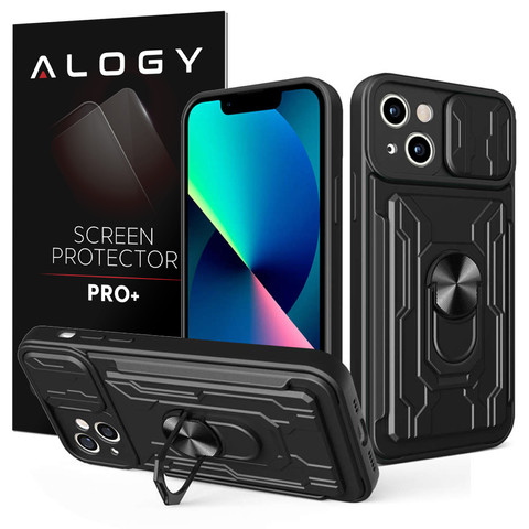 Alogy Camshield Stand Ring Wallet Case with Camera Protector and Card Slot for Apple iPhone 14 Plus Black Glass