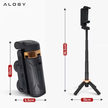 Selfie Stick Mini Tripod stabilny kompaktowy lekki Kijek do Selfie i Statyw Rozkładany 360° z Pilotem Bluetooth 10m, Stojak do Zdjęć i Nagrywania, Alogy FlexiShot™ Czarny