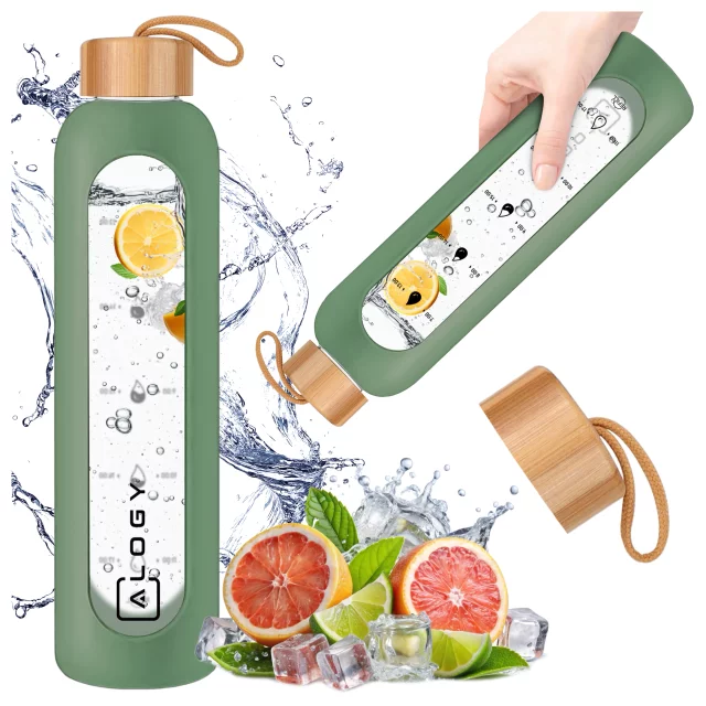 Alogy Large Glass Bottle Drinking Bottle Motivational Measuring Cup 1l 1000ml Silicone Case Olive