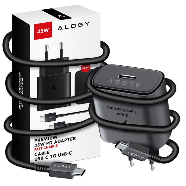 USB-C Type-C PD Premium Fast 45W 3A Wall Charger Type-C 1M Alogy Black