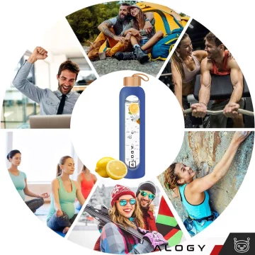 Velká skleněná láhev láhev na vodu láhev na pití nápojů Alogy Motivační odměrka 1l 1000ml silikonové pouzdro Modré