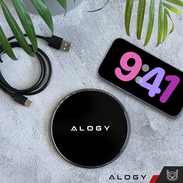 QI kabelloses induktives Ladegerät 15 W schnelle LED Alogy rund für iPhone USB-C-Kabel Schwarz