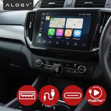 Adapter Bezprzewodowy Apple CarPlay i Android Auto do Auta, Plug & Play z Portem USB-A + Przejściówka USB-C, Szybkie Połączenie i Stabilna Transmisja, Alogy AutoConnect™