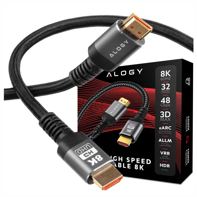 Kabel HDMI 2.1 10 m, 4K/8K Alogy Ultra High Speed™ 48 Gbps 60Hz, Premium z Pozłacanymi Końcówkami, Nylonowy Oplot, Miedziany – Czarny