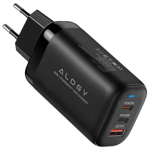 Alogy GaNCharge Kompaktes 3-in-1-Wandladegerät, schnelles Laden, GaN3, 65 W, USB-A, 30 W, 2 x USB-C, 65 W, Schwarz