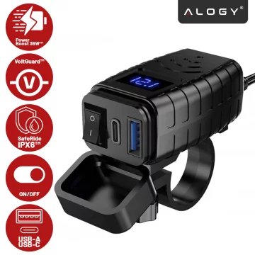 Alogy MotoCharge Pro™ Motorradladegerät mit Display, 36 W PD QC 3.0 Schnellladung, USB-A- und USB-C-Anschlüsse, wasserdicht und robust, Schwarz