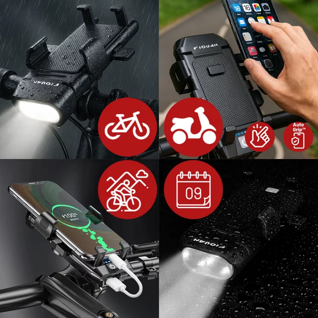 Bicycle Phone Holder 4in1 LED Light T6 Front Bell Bike Horn Powerbank 3000mAh Black