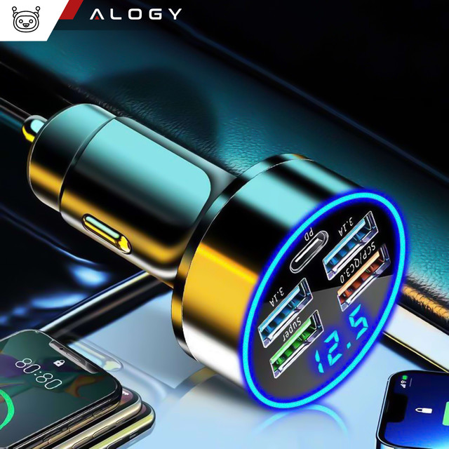 Car charger 4x USB QC 3.0 USB C PD 20W LED fast powerful 250W for Alogy Car phone black