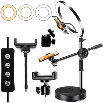 Ring LED ring lamp 10" 2x phone holder standing tripod on desk with adjustable frame Alogy Black