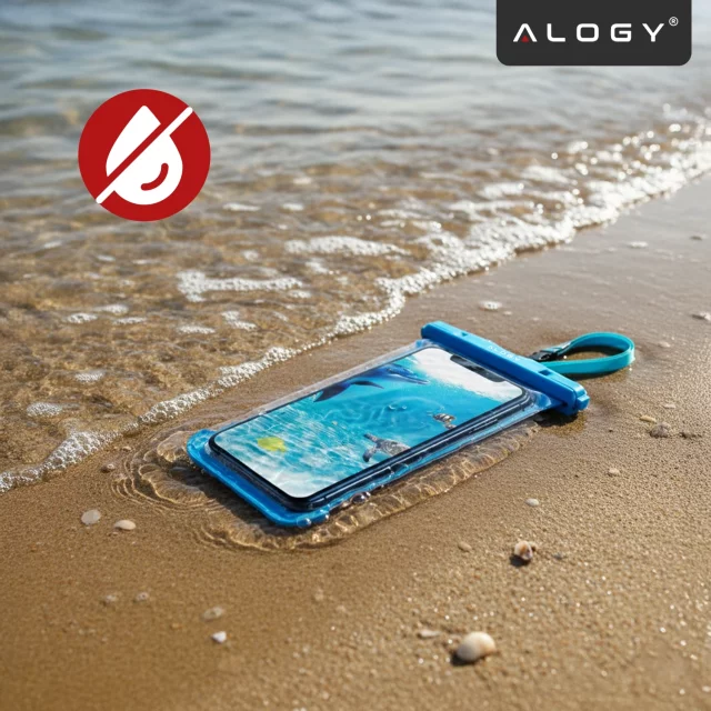 Etui Wodoodporne Uniwersalne IPX8 do Telefonów do 6.5", Wodoszczelna Ochrona na Plażę, Basen i Kajak, Dotykowy Front i Pasek na Szyję, Alogy HydroShield™ – Niebieskie