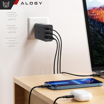 Rychlá 65W nabíječka do zdi 2x USB-C typ C PD USB-A USB Alogy 3 porty silné černé pouzdro