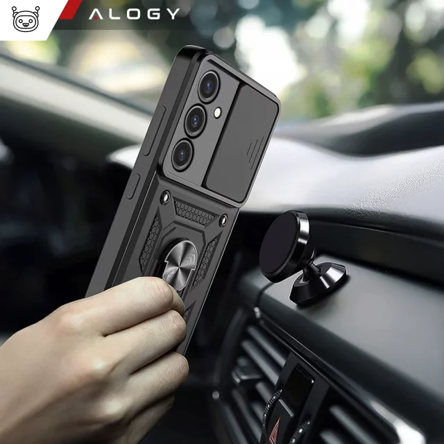 Schutzhülle für Samsung Galaxy S25, gepanzertes Slide Case mit Ringmechanismus, Kameraschutz, Camshield Alogy, schwarzes Glas