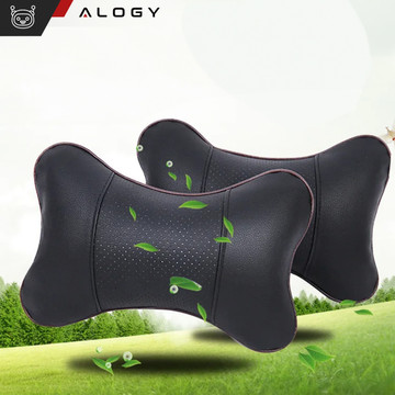 Profiled car neck pillow for the headrest of the car, comfortable soft eco-leather Alogy Black