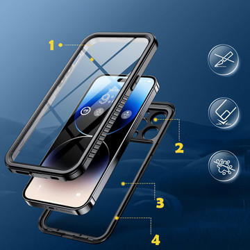 Hülle für iPhone 14 Pro Max, wasserdicht, gepanzert, 360-Grad-Hülle, Hybridlinse, Kameraschutz, IP68, wasserdicht, Schwarz