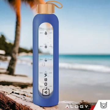Alogy Large Glass Bottle Drinking Bottle Motivational Measuring Cup 1l 1000ml Silicone Case Blue