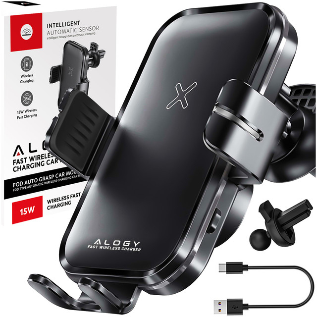 Alogy Fast Charging car holder with 15W inductive Qi charger automatic for the car on the grid fast charging black