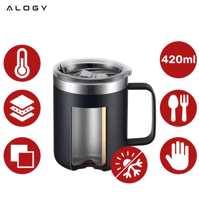 Thermobecher 420 ml mit Henkel und Deckel für Kaffee, Tee, Stahl, Kalt- und Heißgetränke, Alogy Black
