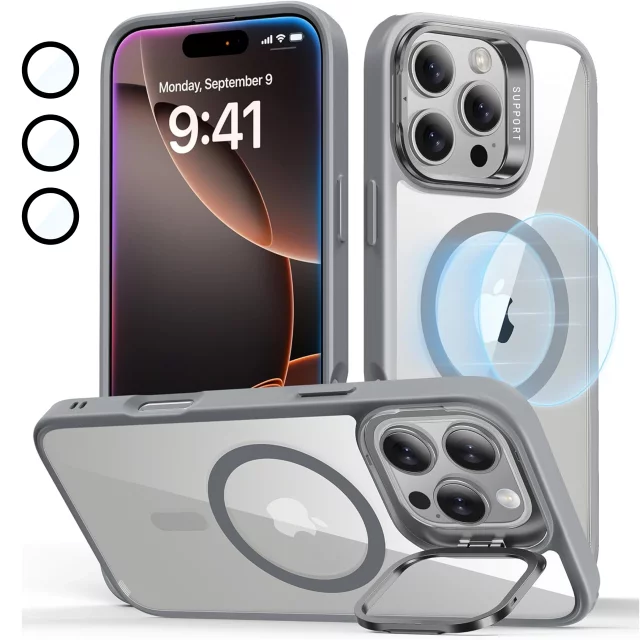 Etui hybrydowe ochronne do Apple iPhone 16 Pro Alogy KickStand Hybrid Case z podpórką do MagSafe Szare + Szkło hartowane